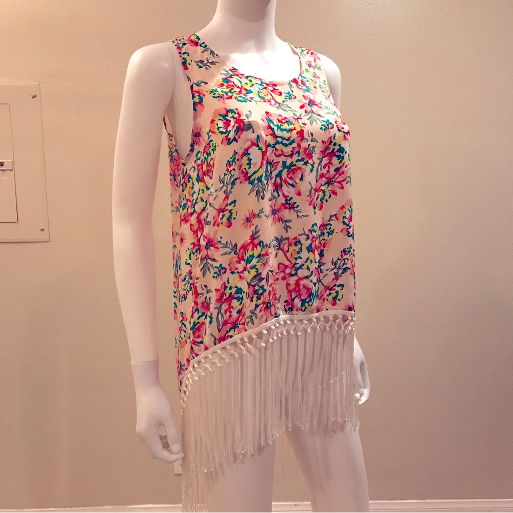 Michelle Nicole Floral Fringe Tank Top NEW Size M Pink Peach Hi Lo Boho Cottage